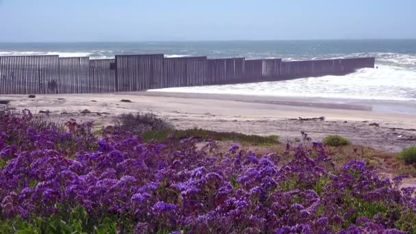 Onde Rotolano Spiaggia Alla Recinzione Confine Degli Stati Uniti Messico — Video Stock