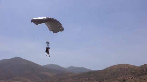 Elitens Militära Styrkor Och Fallskärmsjägare Hoppar Fallskärm Och Landar Ett — Stockvideo