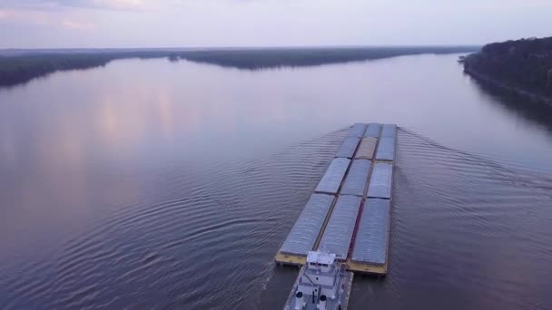 Beautiful Aerial Barge Traveling Mississippi River — Stock Video