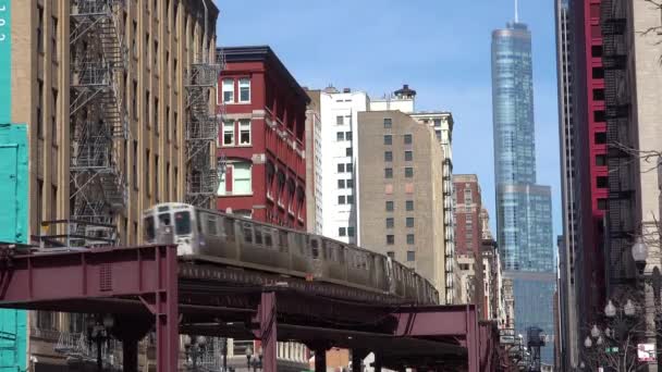 Ένα Τρένο Περνάει Από Κέντρο Του Σικάγο Ιλινόις — Αρχείο Βίντεο