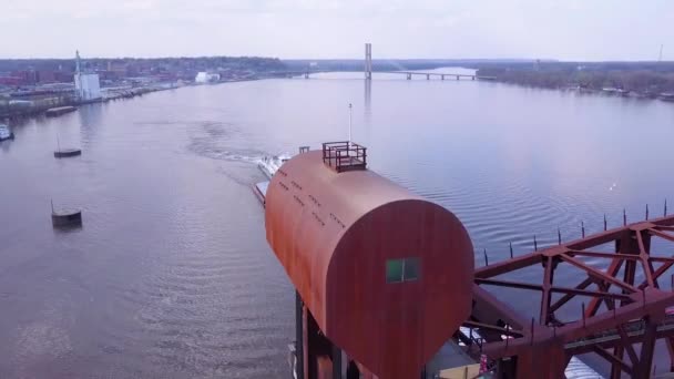 Beautiful Aerial Barge Traveling Steel Drawbridge Mississippi River — Stock Video