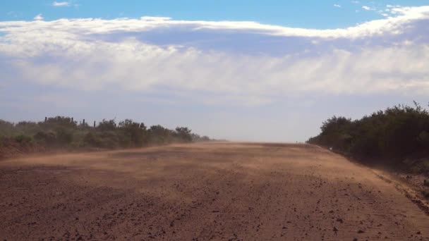 砂漠の孤独な未舗装の道に沿って風が塵を吹く — ストック動画