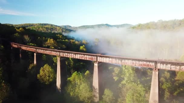 Prachtige Antenne Een Stalen Spoorlijn Trestle Mist West Virginia Appalachian — Stockvideo