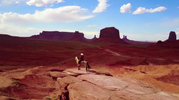 Notevole Aerea Cowboy Cavallo Che Domina Monument Valley Utah — Video Stock