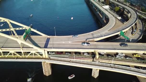 Beautiful Aerial Bridges Monongahela River Pittsburgh Pennsylvania Downtown Skyline — Stock Video