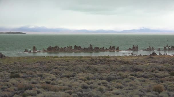 Calcium Formations Called Tufa Emerge Mono Lake California Stormy Day — Stock Video