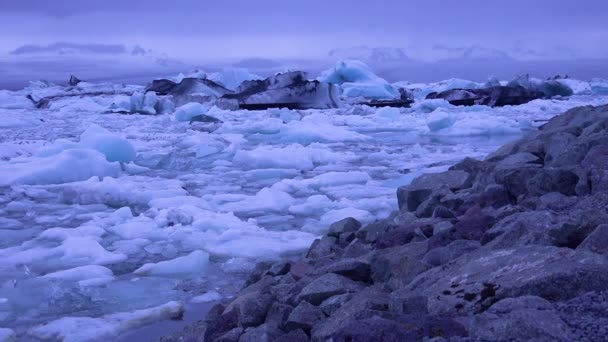 Panoramique Travers Les Icebergs Assis Dans Une Baie Glaciaire Suggérant — Video