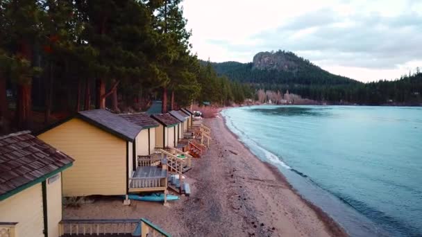 Aerial Summer Cabins Cabanas Lining Shores Resort Lake Tahoe Nevada — Stock Video