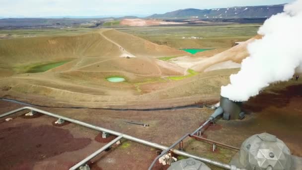 Beautiful Drone Shot Krafla Geothermal Area Iceland Pipes Steaming Vents — Stock Video