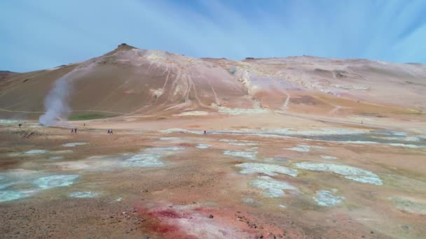 Dramatische Antenne Boven Onvruchtbare Myvatn Geothermische Gebied Ijsland Met Rokende — Stockvideo