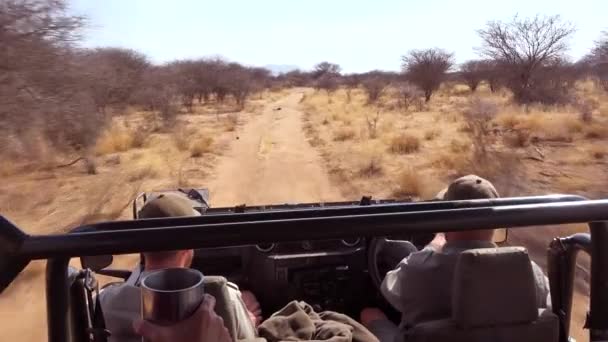 在纳米比亚Erindi公园的非洲平原上 从一辆快速移动的狩猎吉普中发射的Pov — 图库视频影像
