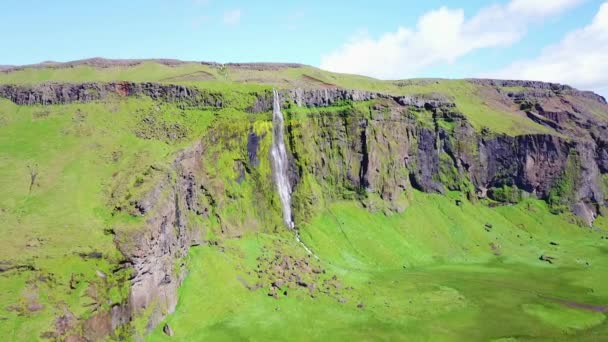 険しい崖の上に落ちるアイスランドの一般的な滝の空中 — ストック動画