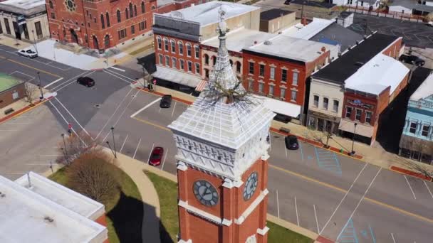 Aerial Tree Growing Out Top County Courthouse Greensburg Indiana — Stock Video