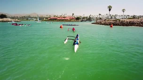 Aerial Outrigger Canoes Racing Rowing Race Pacific Ocean Ventura California — Stock Video