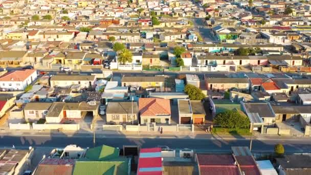 Aerial Townships South Africa Poverty Stricken Slums Streets Ghetto Buildings — Stock Video