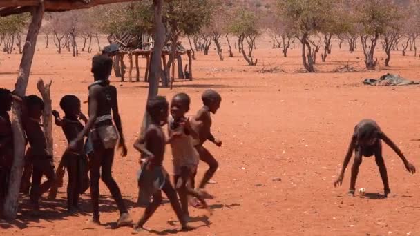 Zavallı Afrikalı Çocuklar Namibya Angola Sınırındaki Himba Köyünde Top Oynuyorlar — Stok video