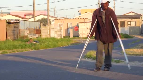Handicapped Disabled Crippled Man Walks Poverty Stricken Streets Gugulethu Township — Stock Video