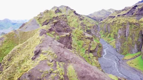 Aerial Majestic Deep Inspiring Canyon Stakkholtsgja Thorsmork Islanda — Video Stock