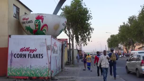 Bowl Kellog Corn Flakes Stands Busy Downtown Street South Africa — Stock Video