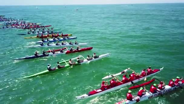 Lotnictwo Nad Kanoe Outrigger Wyścigi Wyścigu Wioślarskim Oceanie Spokojnym Pobliżu — Wideo stockowe