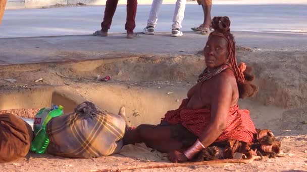 Himba Tribal Woman Sits Road Amazing Hairstyle Mud Braids Dreadlocks — Stock Video