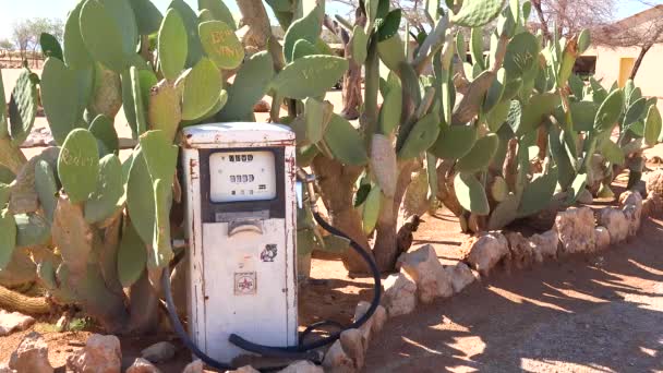 Küçük Solitaire Namibya Kasabası Terk Edilmiş Arabalarla Çevrili Bir Benzin — Stok video