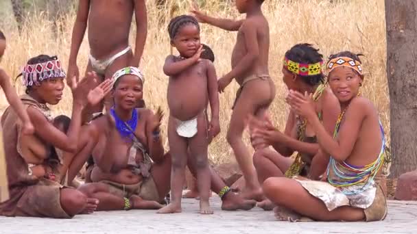 Afrykańskie Kobiety San Bushmen Dzieci Plemienni Tubylcy Siedzą Kółku Śpiewając — Wideo stockowe