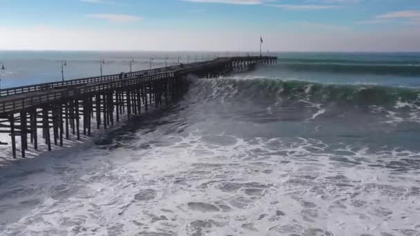 Aerial Huge Waves Rolling California Pier Ventura California Big Winter — Stock Video