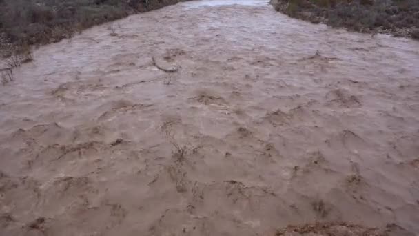 洪水は 冬の天候の洪水の間 嵐の流出とともに カリフォルニア州オハイ近くのベンチュラ川を速く下って移動します — ストック動画