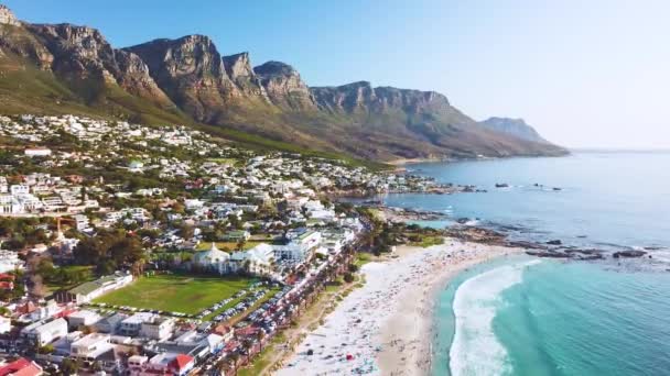 Aerial Moving Shoreline Camps Bay Cape Town South Africa Twelve — Stock Video