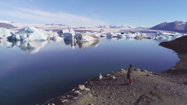 Antenne Einer Frau Ufer Einer Gletscherlagune Der Arktis Der Jokulsarlon — Stockvideo