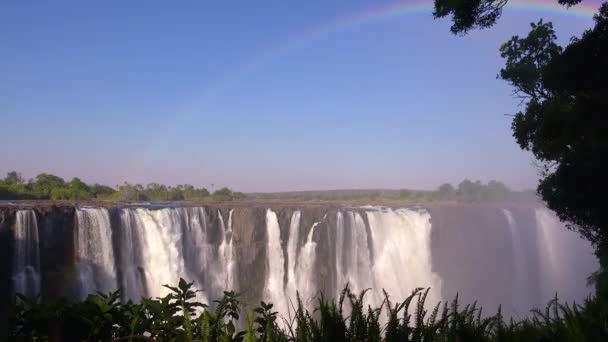 Prachtige Gevestigde Opname Met Regenboog Boven Victoria Falls Van Zimbabwe — Stockvideo