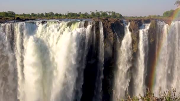 Mooie Dicht Gevestigde Schot Met Regenboog Van Victoria Falls Jungle — Stockvideo