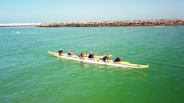 Lotnictwo Nad Kanoe Outrigger Wyścigi Wyścigu Wioślarskim Oceanie Spokojnym Pobliżu — Wideo stockowe