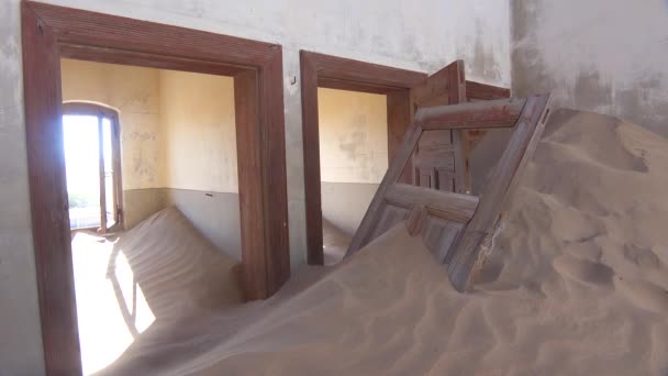 Sand Blows Abandoned Building Gem Mining Ghost Town Kolmanskop Namibia — Stock Video