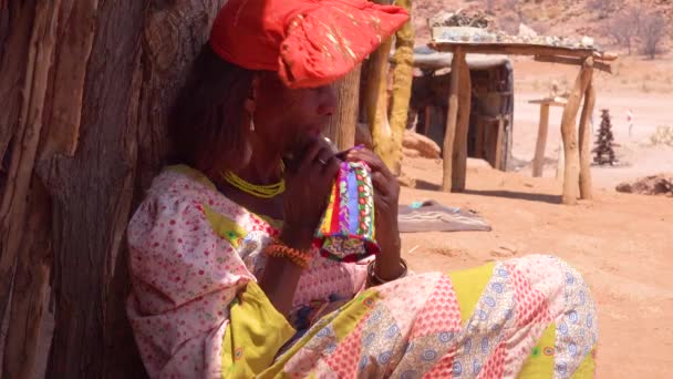 アフリカのナミビアの市場で手で縫いされた明るいファッションの衣装を着た英雄的なアフリカの部族の女性 — ストック動画