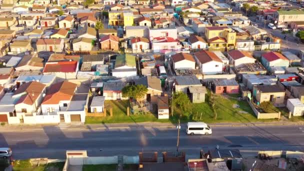 Aerial Townships South Africa Poverty Stricken Slums Streets Ghetto Buildings — Stock Video