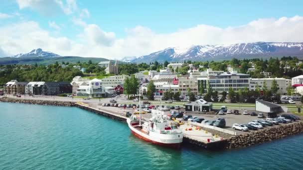 Beautiful Aerial Quaint City Akureyri Iceland — Stock Video