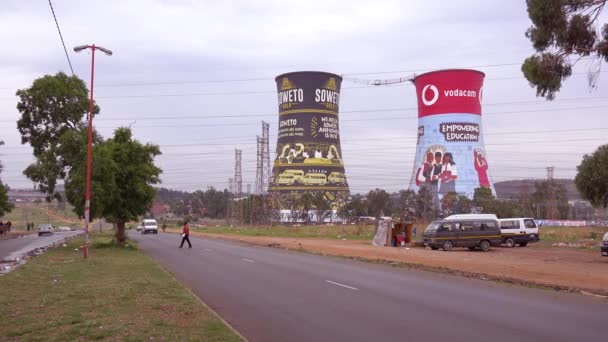 Establishing Shot Painted Cooling Towers Soweto Township South Africa — Stock Video