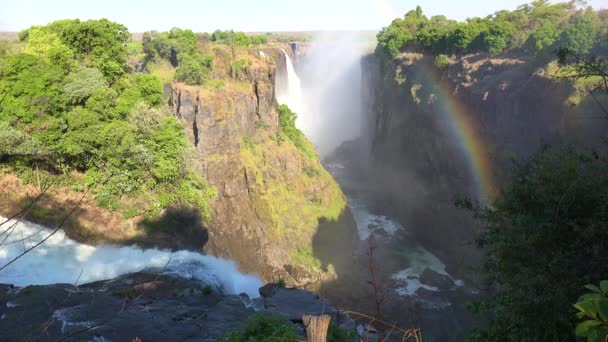 Prachtige Gevestigde Opname Met Regenboog Van Victoria Falls Van Zimbabwe — Stockvideo