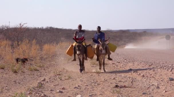 Zwei Himba Männer Reiten Auf Eseln Auf Einer Staubigen Straße — Stockvideo