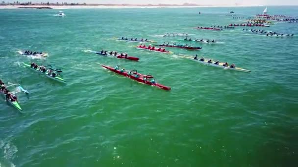 Aerial Outrigger Canoes Racing Rowing Race Pacific Ocean Ventura California — Stock Video