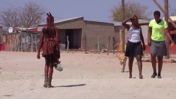 Moderna Och Traditionella Himba Stamkvinnor Går Gata Liten Damaraland Namibia — Stockvideo