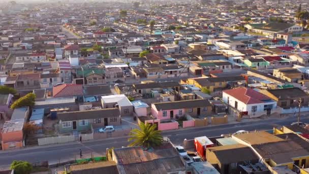 Aerial Townships South Africa Poverty Stricken Slums Streets Ghetto Buildings — Stock Video