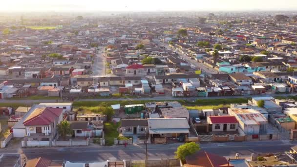 Aerial Townships South Africa Poverty Stricken Slums Streets Ghetto Buildings — Stock Video