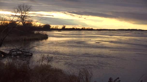カーニー近くのネブラスカ中央部で黄金の光の中でプラット川のショットを確立 — ストック動画