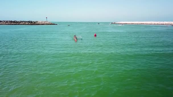 Aerial Outrigger Canoes Racing Rowing Race Pacific Ocean Ventura California — Stock Video