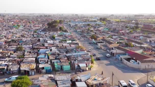 Aerial Townships South Africa Poverty Stricken Slums Streets Ghetto Buildings — Stock Video