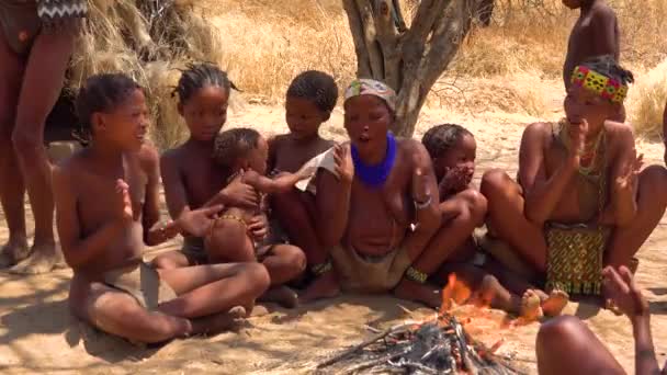 Afričtí Kmenoví Křováci Předvádějí Ohnivý Tanec Malé Primitivní Vesnici Namibii — Stock video