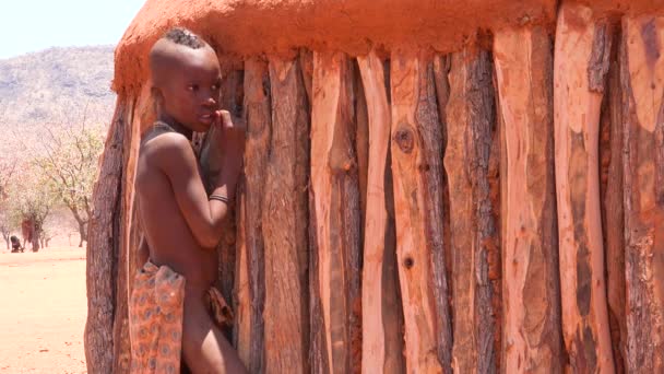 Een Jonge Afrikaanse Himba Stam Jongen Leunt Tegen Zijn Modder — Stockvideo